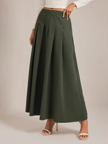 SHEIN Tall 女款高腰寬鬆法式優雅A字裙 橄欖綠 秋季 早午餐茶會穿搭 - 軍綠色 - 查看 5