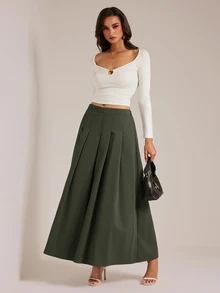 SHEIN Tall 女款高腰寬鬆法式優雅A字裙 橄欖綠 秋季 早午餐茶會穿搭 - 軍綠色 - 查看 1