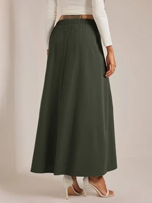SHEIN Tall 女款高腰寬鬆法式優雅A字裙 橄欖綠 秋季 早午餐茶會穿搭 - 軍綠色 - 查看 2