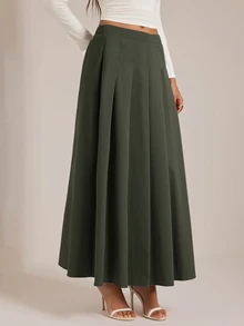 SHEIN Tall 女款高腰寬鬆法式優雅A字裙 橄欖綠 秋季 早午餐茶會穿搭 - 軍綠色 - 查看 4