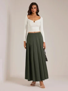 SHEIN Tall 女款高腰寬鬆法式優雅A字裙 橄欖綠 秋季 早午餐茶會穿搭 - 軍綠色 - 查看 6