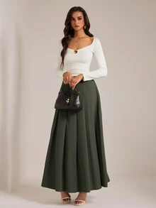 SHEIN Tall 女款高腰寬鬆法式優雅A字裙 橄欖綠 秋季 早午餐茶會穿搭 - 軍綠色 - 查看 7