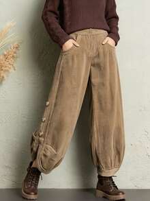 Holdful Holdful Women's 2026 Autumn/Winter Button Decor Design Corduroy Pants - Khaki - View 5