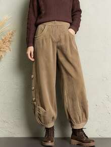 Holdful Holdful Women's 2026 Autumn/Winter Button Decor Design Corduroy Pants - Khaki - View 4