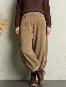Holdful Holdful Women's 2026 Autumn/Winter Button Decor Design Corduroy Pants - Khaki - View 6