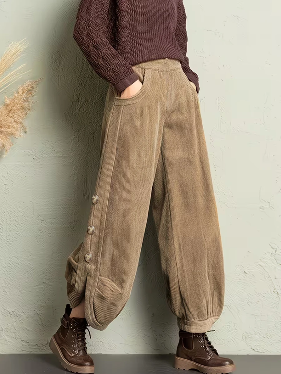 Holdful Holdful Women's 2026 Autumn/Winter Button Decor Design Corduroy Pants - Khaki - View 1