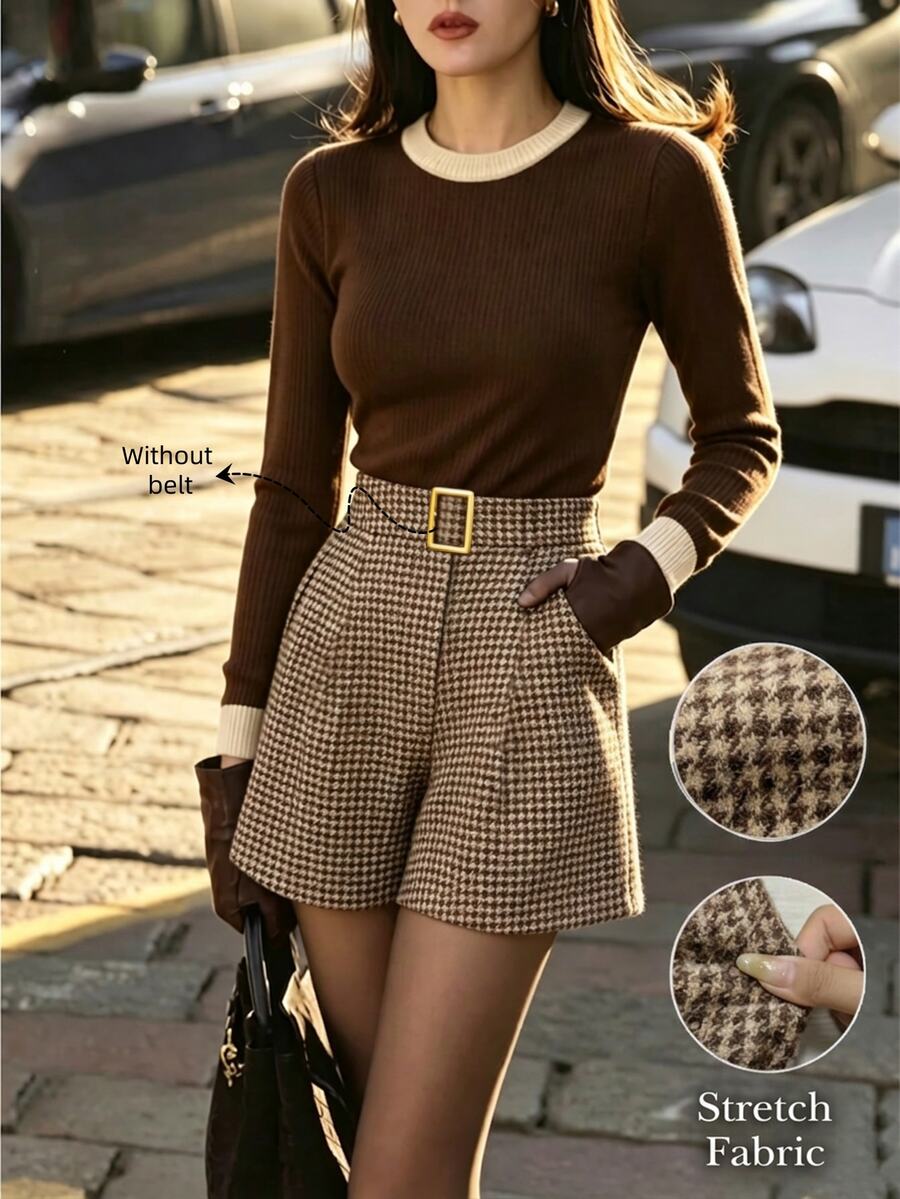Balvessa Fall Clothes FOR WomenWomen's Casual Houndstooth Shorts, Autumn/Winter - Multicolor - View 1