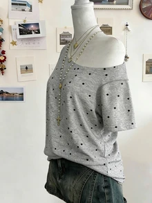 Lalippa Kaos Lengan Pendek Bahu Asimetris Motif Polkadot untuk Wanita Ukuran Besar - Putih - View 3