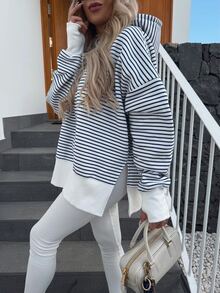 EMERY ROSE Women Black And White Striped Hooded Sweatshirt,Fall Winter Coastal Vacation Style,Elegant Loose Fit,Hem Slit Design,Cuffs  Finger Holes,Gift For Her - Blue - View 1