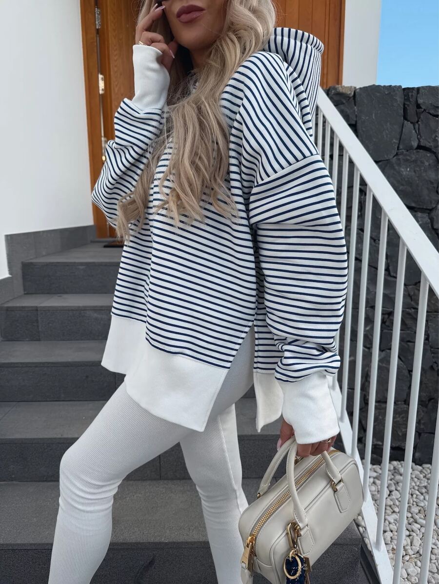 EMERY ROSE Women Black And White Striped Hooded Sweatshirt,Fall Winter Coastal Vacation Style,Elegant Loose Fit,Hem Slit Design,Cuffs  Finger Holes,Gift For Her - Blue - View 1