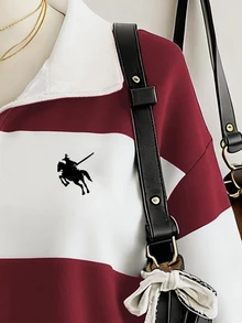 Lalippa Women's Contrast Stripe Print Zip-Up Polo Collar Long Sleeve Casual Sweatshirt - Red - View 4