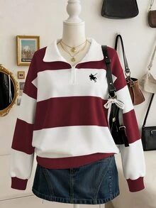 Lalippa Women's Contrast Stripe Print Zip-Up Polo Collar Long Sleeve Casual Sweatshirt - Red - View 3