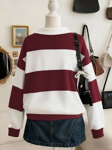 Lalippa Women's Contrast Stripe Print Zip-Up Polo Collar Long Sleeve Casual Sweatshirt - Red - View 2