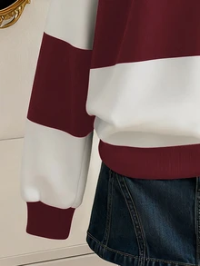 Lalippa Women's Contrast Stripe Print Zip-Up Polo Collar Long Sleeve Casual Sweatshirt - Red - View 5