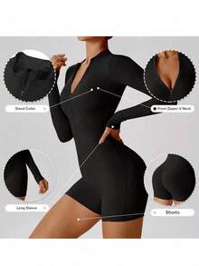 Rovax Women's Solid Color Fitted Turtleneck Long Sleeve Jumpsuit - Black - View 4