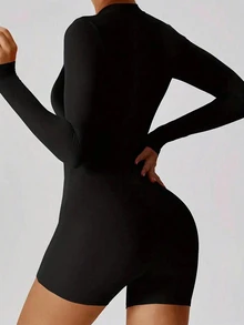 Rovax Women's Solid Color Fitted Turtleneck Long Sleeve Jumpsuit - Black - View 2