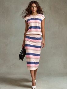 Calvaya Women Round Neck Striped Print Off-Shoulder Top And Skirt Two-Piece Set For Holiday & Leisure, Summer - Pink - View 3