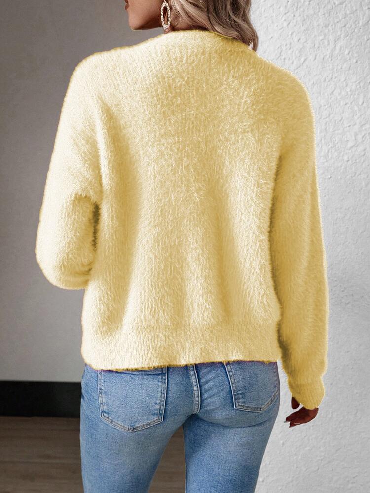 Calvaya Women's Solid Color Long Sleeve Single-Breasted Mink Hair Cropped Cardigan Fall Winter Cloth For Women - Yellow - View 4