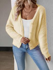 Calvaya Women's Solid Color Long Sleeve Single-Breasted Mink Hair Cropped Cardigan Fall Winter Cloth For Women - Yellow - View 8