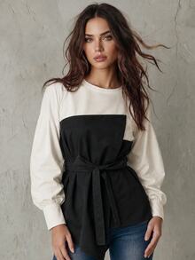 Calvaya Keyhole Back Belted 2 In 1 Top Fall Cloth For Women - Black and White - View 3