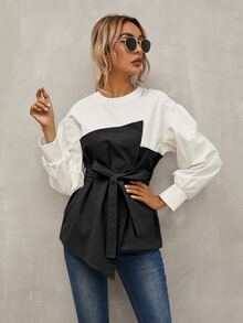 Calvaya Keyhole Back Belted 2 In 1 Top Fall Cloth For Women - Black and White - View 2