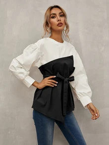 Calvaya Keyhole Back Belted 2 In 1 Top Fall Cloth For Women - Black and White - View 7