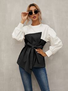 Calvaya Keyhole Back Belted 2 In 1 Top Fall Cloth For Women - Black and White - View 5