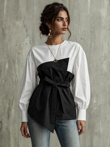 Calvaya Keyhole Back Belted 2 In 1 Top Fall Cloth For Women - Black and White - View 1