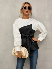Calvaya Keyhole Back Belted 2 In 1 Top Fall Cloth For Women - Black and White - View 6