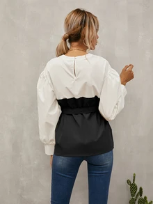 Calvaya Keyhole Back Belted 2 In 1 Top Fall Cloth For Women - Black and White - View 4