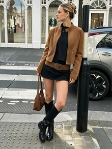 SHEIN Women's Faux Suede Zipper Decor Casual Fashion Long Sleeve Jacket, Autumn/Winter Everyday Light Brown - Brown - View 7