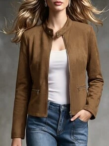 SHEIN Women's Faux Suede Zipper Decor Casual Fashion Long Sleeve Jacket, Autumn/Winter Everyday Light Brown - Brown - View 9
