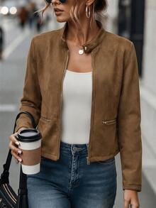 SHEIN Women's Faux Suede Zipper Decor Casual Fashion Long Sleeve Jacket, Autumn/Winter Everyday Light Brown - Brown - View 2