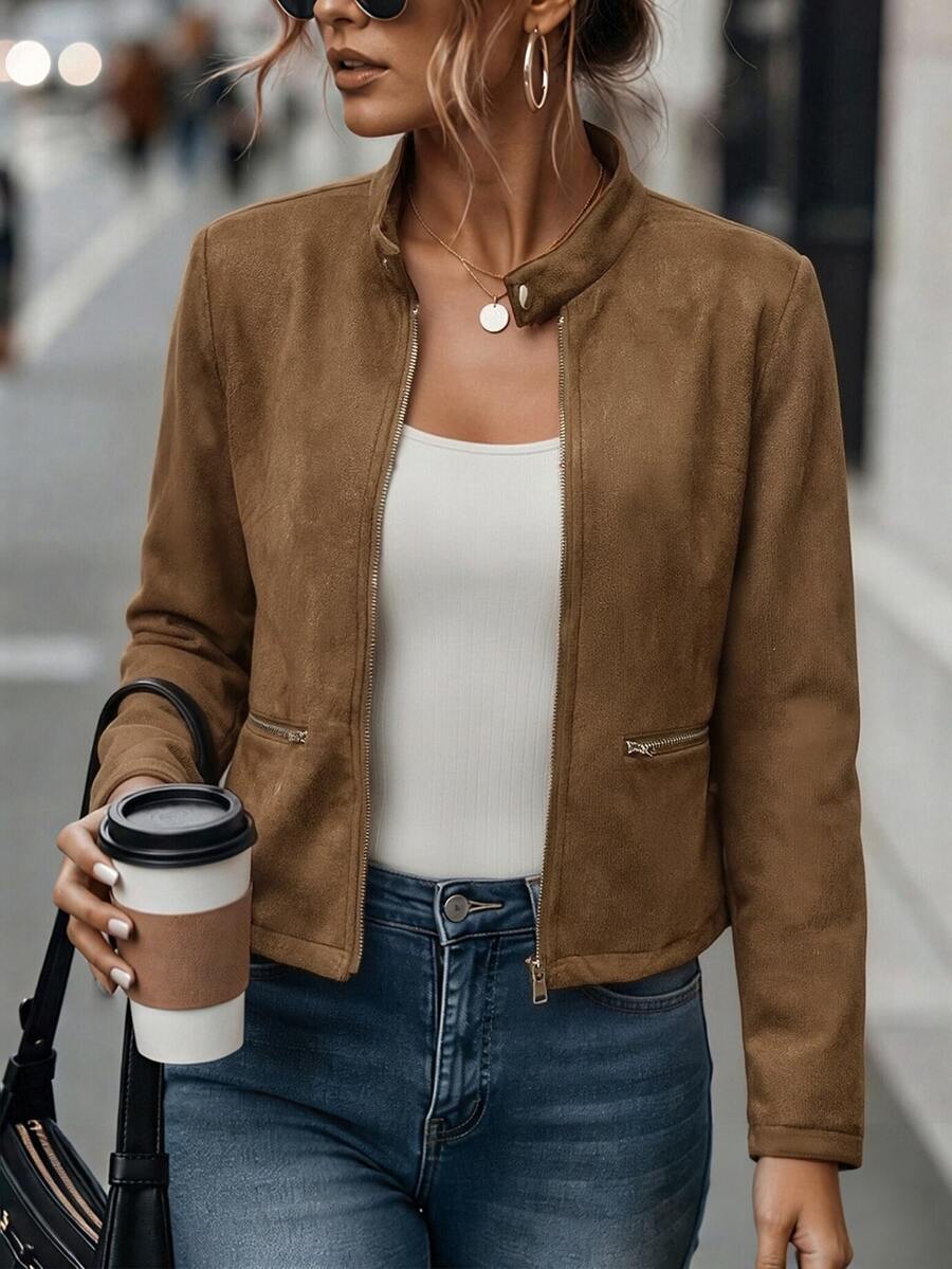 SHEIN Women's Faux Suede Zipper Decor Casual Fashion Long Sleeve Jacket, Autumn/Winter Everyday Light Brown