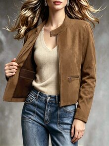 SHEIN Women's Faux Suede Zipper Decor Casual Fashion Long Sleeve Jacket, Autumn/Winter Everyday Light Brown - Brown - View 5