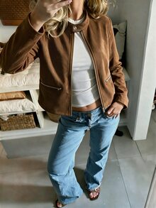 SHEIN Women's Faux Suede Zipper Decor Casual Fashion Long Sleeve Jacket, Autumn/Winter Everyday Light Brown - Brown - View 8