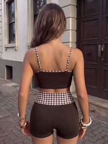 Pariaura Women's Patchwork Plaid Camisole Top And Shorts Sports Set - Coffee Brown - View 2