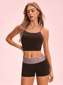 Pariaura Women's Patchwork Plaid Camisole Top And Shorts Sports Set - Coffee Brown - View 8