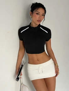 Easithlete Easithlete Women's Black And White Zip-Up Half Placket Cropped Sweatshirt Gym Summer Athleisure - Black - View 4