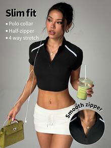 Easithlete Easithlete Women's Black And White Zip-Up Half Placket Cropped Sweatshirt Gym Summer Athleisure - Black - View 9
