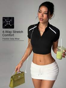 Easithlete Easithlete Women's Black And White Zip-Up Half Placket Cropped Sweatshirt Gym Summer Athleisure - Black - View 2
