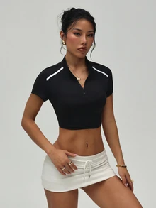Easithlete Easithlete Women's Black And White Zip-Up Half Placket Cropped Sweatshirt Gym Summer Athleisure - Black - View 5