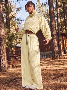 Exploreva Exploreva Women's Solid Color Stand Collar Long Sleeve Jacket And Pants Casual Sportswear Set - Creamy White - View 2