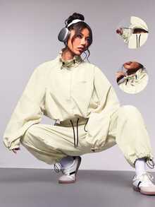 Exploreva Exploreva Women's Solid Color Stand Collar Long Sleeve Jacket And Pants Casual Sportswear Set - Creamy White - View 1