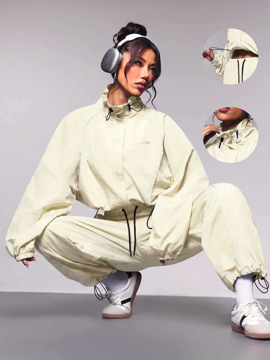Exploreva Exploreva Women's Solid Color Stand Collar Long Sleeve Jacket And Pants Casual Sportswear Set - Creamy White - View 1