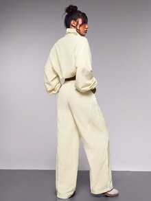 Exploreva Exploreva Women's Solid Color Stand Collar Long Sleeve Jacket And Pants Casual Sportswear Set - Creamy White - View 3