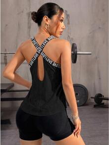 SHEIN Sports Hollow Out Jacquard Splicing Athletic Tank Top Gym Top - Black - View 6