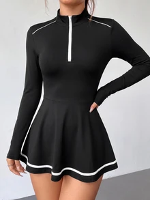 SHEIN HypeZone Women's Zipper Half-Placket Long Sleeve Sports Dress With Shorts - Black - View 3
