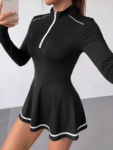 SHEIN HypeZone Women's Zipper Half-Placket Long Sleeve Sports Dress With Shorts - Black - View 6