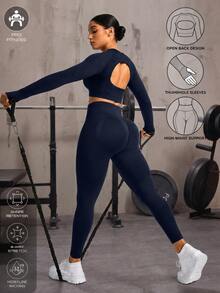 SHEIN Sports Women Solid Color Open Back Seamless Sports Set Gym Set Workout Women Set Women Leggings Setgym Set - Navy Blue - View 11